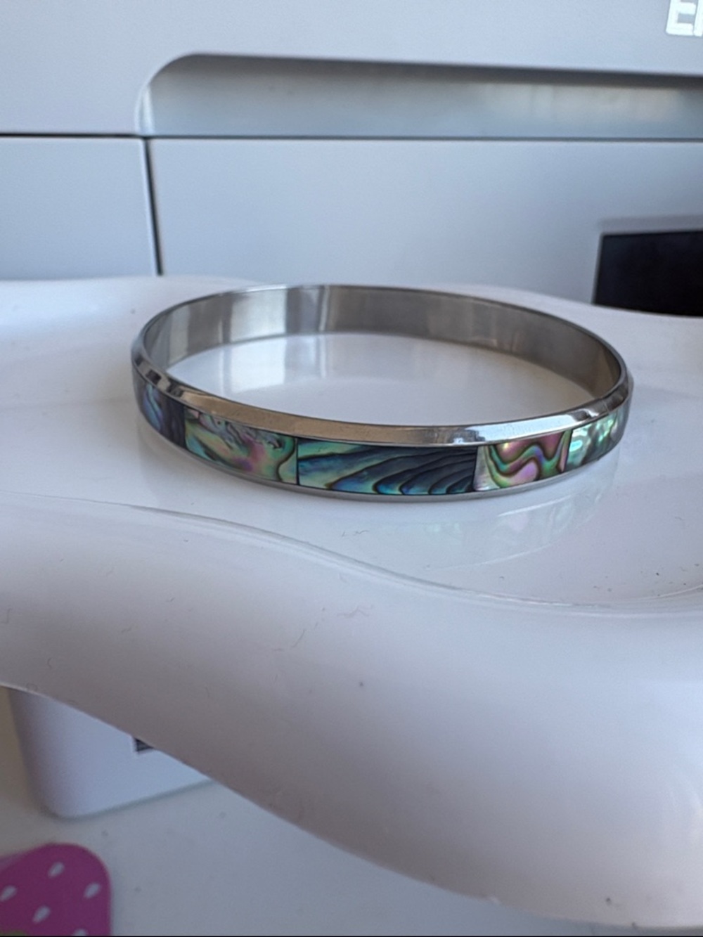 Abalone Inlay Silvertone Bangle - Iridescent Green-Blue